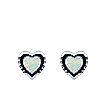Heart Stud Earrings Lab Created White Opal 925 Sterling Silver (7mm)